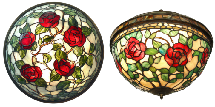 Elegant stained glass lamp with red roses and green leaves design