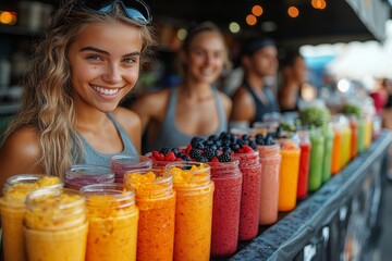 Smiling woman selling smoothies at market (1)