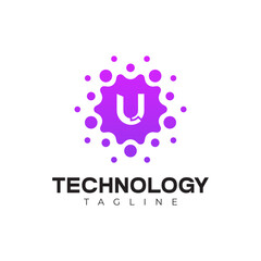 Modern Technology Logo - Letter U and Purple Digital Dots Vector Design