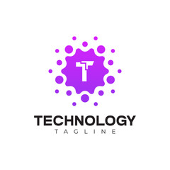 Modern Technology Logo - Letter T and Purple Digital Dots Vector Design