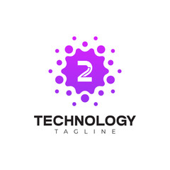 Modern Technology Logo - Number 2 and Purple Digital Dots Vector Design