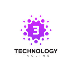 Modern Technology Logo - Number 3 and Purple Digital Dots Vector Design