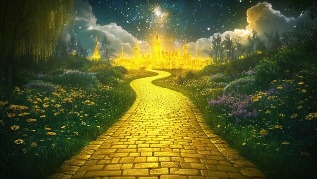 Journey Down Golden Road:  A Magical City Beckons, Enchanting Path Winds Through Blossoming Meadows Under Starlit Sky