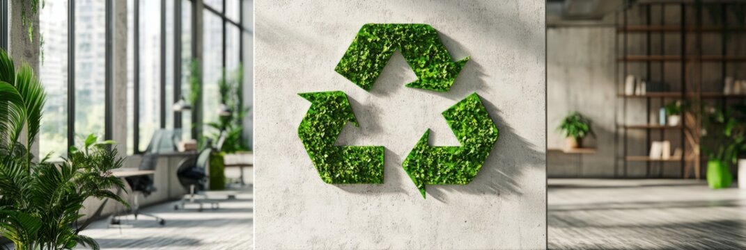 Recycled symbol design on concrete wall in modern office