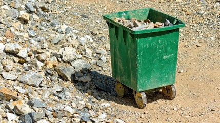 Green cart filled with rocks on a gravel site, surrounded by scattered stones under sunlight