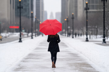 A woman is walking down a snowy street with a red umbrella