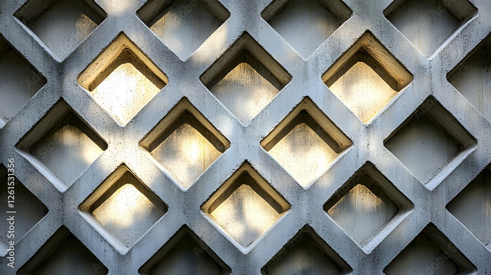 Poster wall with interlocking square and shape pattern in bright daylight creating a geometric design