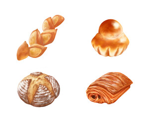 フランス系パンのリアルな水彩イラストセット