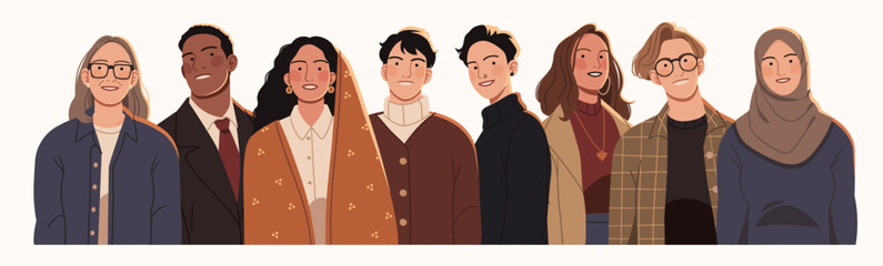 Diverse group of people standing together, representing various cultures, professions, and ages. Stylish individuals in casual and formal outfits, symbolizing unity, inclusivity, and global diversity.