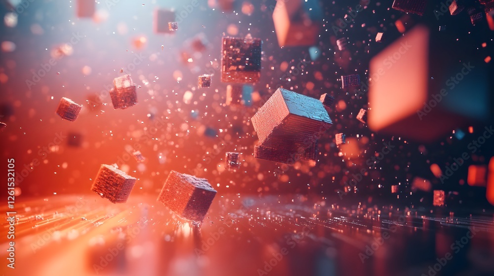 Poster floating cubes in digital space creating an immersive voxel simulation with vibrant colors and depth