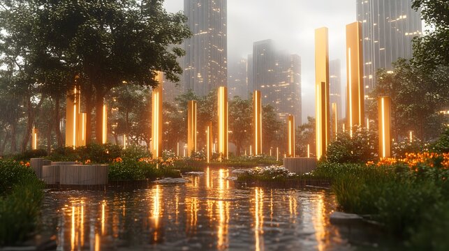 City skyline with tall buildings and a pond in a digital immersive voxel simulation environment