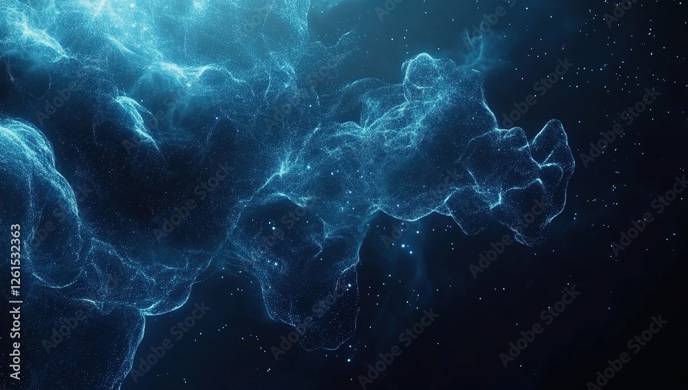 Poster particles flow dynamically across dark space, creating a stunning visual masterpiece with ethereal b