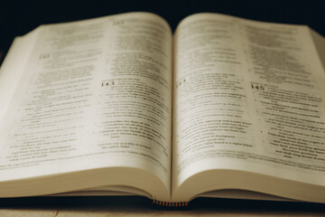 Fototapeta premium Open Holy Bible in English language on table, closeup