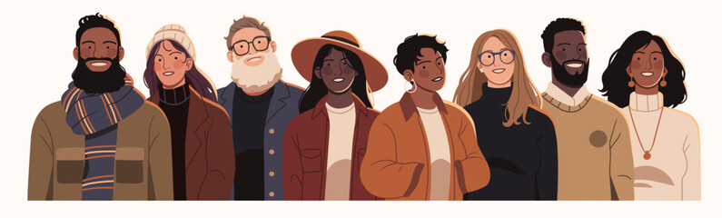Diverse group of people standing together, representing various ages, styles, and backgrounds. Stylish individuals in casual and formal outfits, conveying unity, inclusion, and modern diversity.