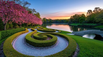 Serene Garden Path Winding Through Blossoming Trees by a Lake