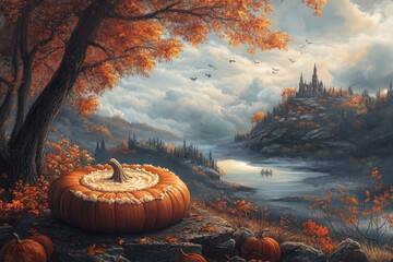 Autumnal scene with pumpkin dessert, fairytale castle backdrop. Perfect for Halloween, Thanksgiving, or fall themes.