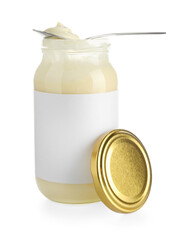 Tasty mayonnaise sauce in glass jar with blank label and spoon isolated on white