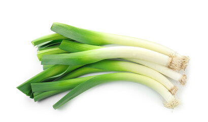 Fresh raw green leeks isolated on white, top view
