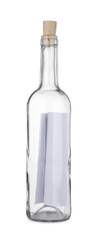 Corked glass bottle with rolled letter isolated on white