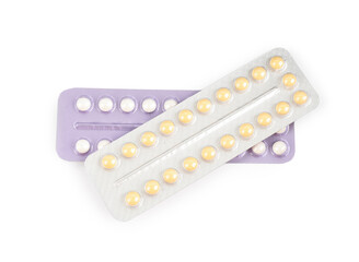 Blisters of contraceptive pills isolated on white, top view