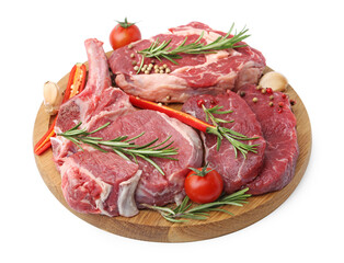 Pieces of raw beef meat, spices and tomatoes isolated on white