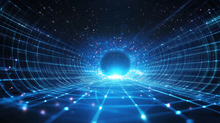 Obraz premium Abstract blue digital technology background with glowing connections and grid lines on a dark space
