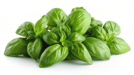 Fresh basil leaves arranged artistically on a white background, ideal for culinary use