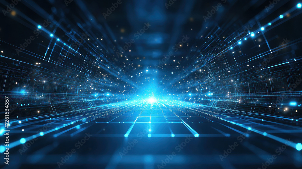 Wall mural abstract blue digital technology background with glowing connections and grid lines on a dark space