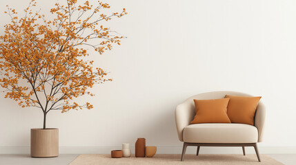 Serene Living Room: A minimalist living room featuring a beige armchair with burnt orange cushions, complemented by a potted amber-leafed tree and earthy-toned accessories.