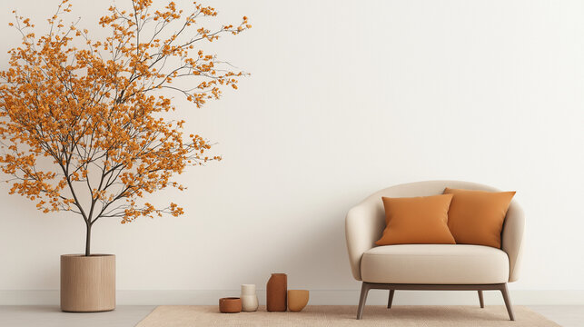 Serene Living Room: A minimalist living room featuring a beige armchair with burnt orange cushions, complemented by a potted amber-leafed tree and earthy-toned accessories.