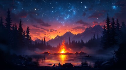 Creative vector illustration of a group of friends camping under the stars perfect for adventure and outdoor designs