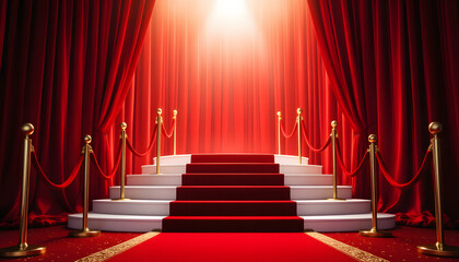 Red carpet leads to stage with red curtains. Perfect for event announcements, award ceremonies, theatre promotions, or movie premieres.