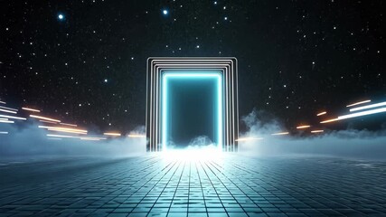 Illuminated Portal Emerging from Mystical Fog Under Starry Night Sky
