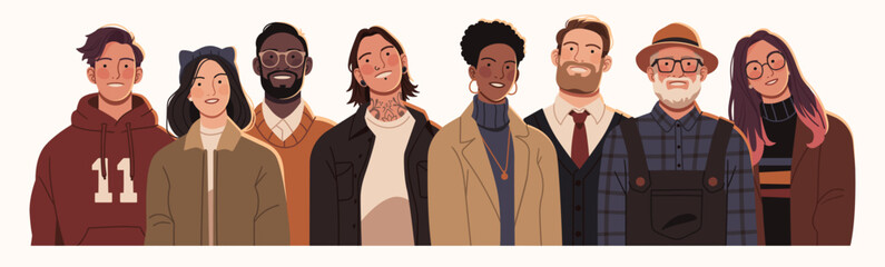 Diverse group of people standing together, representing various cultures, professions, and ages. Stylish individuals in casual and formal outfits, symbolizing unity, inclusivity, and global diversity.