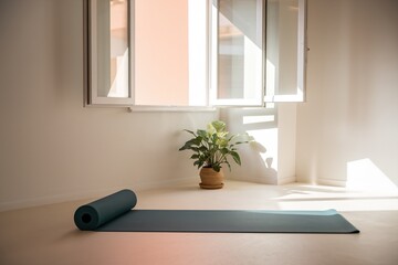 Minimalist home yoga studio with dark exercise mat rolled out on the floor, ready for fitness, mindfulness, or morning stretching in bright natural sunlight.