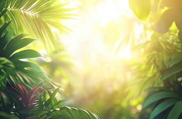 Obraz premium Lush Green Tropical Foliage Bathed in Sunlight: A Vibrant Jungle Paradise, Tranquil Nature Scene