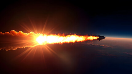 A spacecraft streaks across the sky, leaving a fiery trail against a breathtaking sunrise. The vibrant colors and dramatic lighting create a powerful image of space exploration and adventure.