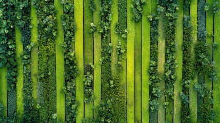 A vibrant vertical garden with lush greenery and wooden panels creating a textured wall.