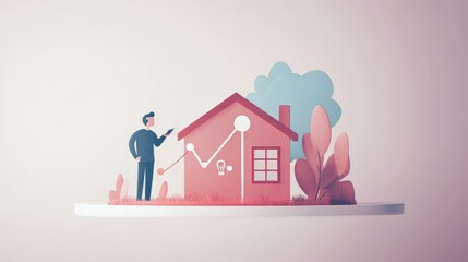 A young man analyzes home trends using his smartphone in a stylized illustration.