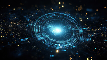 Obraz premium Abstract futuristic background with glowing blue circular elements and light effects on a dark black space
