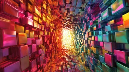 Obraz premium A vibrant, colorful tunnel of abstract cubes leading to a bright light.