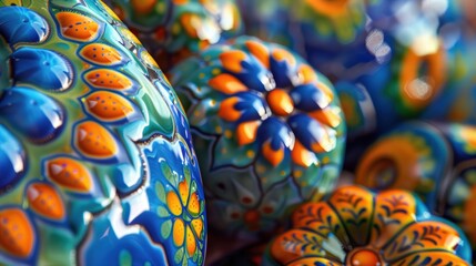 Fototapeta premium Colorful Talavera Pottery Close-Up with Intricate Floral Designs