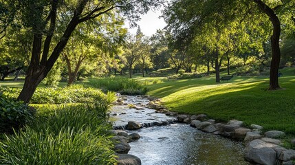 Obraz premium Serene Stream in a Lush Green Park