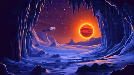 A futuristic scene depicting spacecraft in a cavern with a distant planet visible. Lunar Caverns. Illustration