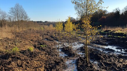 Newly Planted Saplings in a Muddy Field