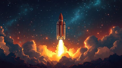 Creative vector illustration of a rocket flying through a starry sky perfect for space and science projects