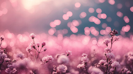 Lush Pink Flowers and Plants Surrounded by Soft Bokeh Lights on a Dreamy Landscape for Romantic Photography Abstract Wallpaper Background Inspiration