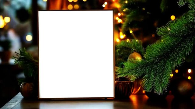 Blank frame with white space for text or design on a table near Christmas tree branches. Bokeh lights in the background. Holiday mockup for branding, menu, or advertising, horizontal video