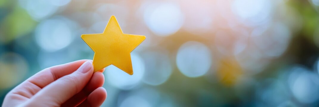 Hand holding gold star outdoors