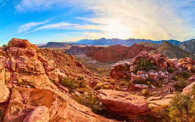 Red Rock Canyon Panorama at Golden Hour from High Vantage Point
